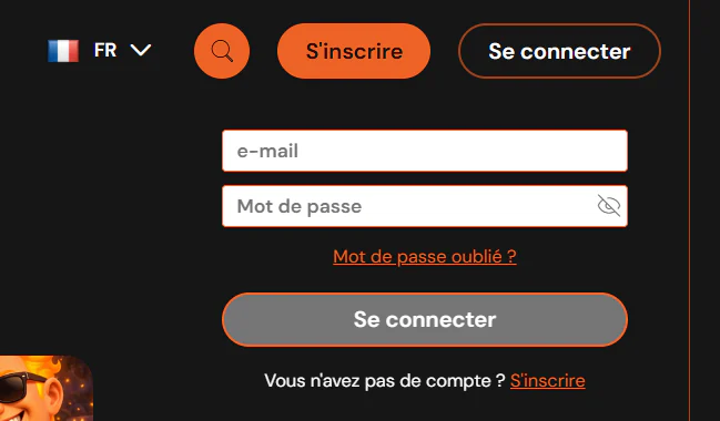 Casino Hermes formulaire de connexion avec adresse e-mail, mot de passe, récupération du mot de passe et lien d'inscription